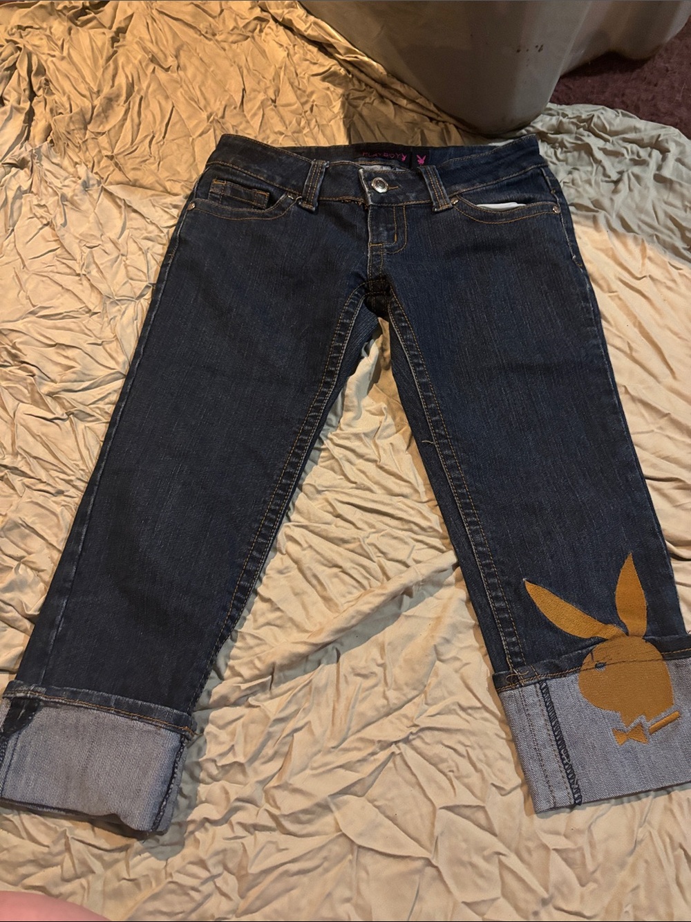 PLAYBOY Dark Blue Cuffed Jeans with Mustard Bunny Detail